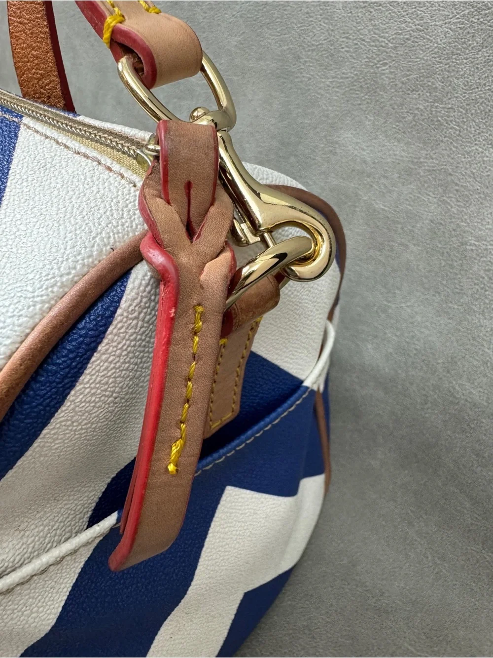 Dooney & Bourke Blue and White Chevron Duffel with Brown Leather Trim